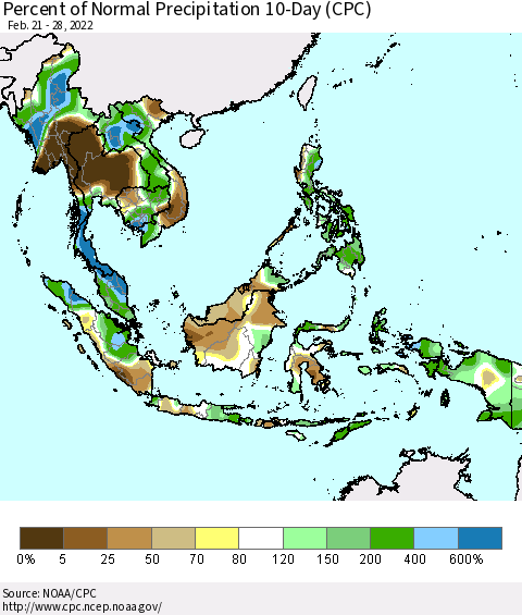 South East Asia Percent of Normal Precipitation 10-Day (CPC) Thematic Map For 2/21/2022 - 2/28/2022