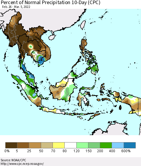 South East Asia Percent of Normal Precipitation 10-Day (CPC) Thematic Map For 2/26/2022 - 3/5/2022