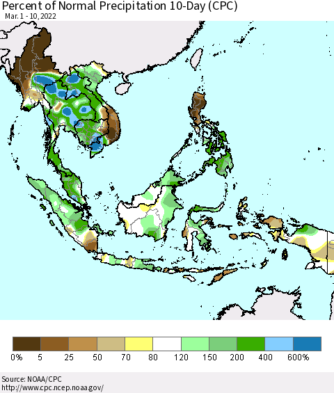 South East Asia Percent of Normal Precipitation 10-Day (CPC) Thematic Map For 3/1/2022 - 3/10/2022
