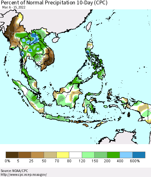 South East Asia Percent of Normal Precipitation 10-Day (CPC) Thematic Map For 3/6/2022 - 3/15/2022