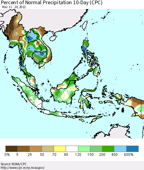 South East Asia Percent of Normal Precipitation 10-Day (CPC) Thematic Map For 3/11/2022 - 3/20/2022
