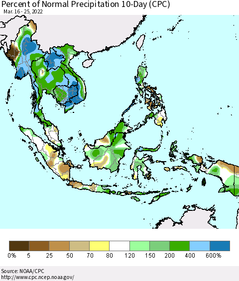 South East Asia Percent of Normal Precipitation 10-Day (CPC) Thematic Map For 3/16/2022 - 3/25/2022