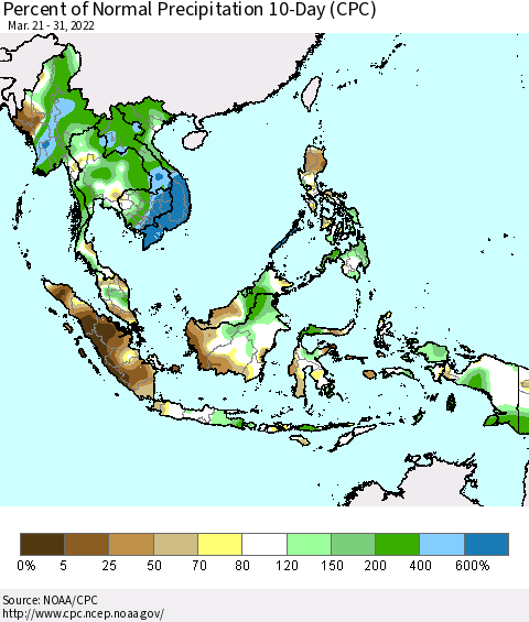 South East Asia Percent of Normal Precipitation 10-Day (CPC) Thematic Map For 3/21/2022 - 3/31/2022