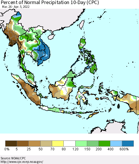 South East Asia Percent of Normal Precipitation 10-Day (CPC) Thematic Map For 3/26/2022 - 4/5/2022
