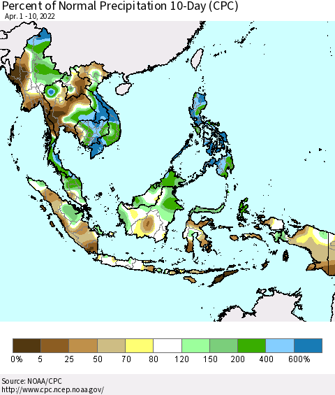 South East Asia Percent of Normal Precipitation 10-Day (CPC) Thematic Map For 4/1/2022 - 4/10/2022