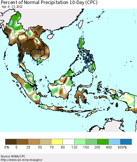South East Asia Percent of Normal Precipitation 10-Day (CPC) Thematic Map For 4/6/2022 - 4/15/2022