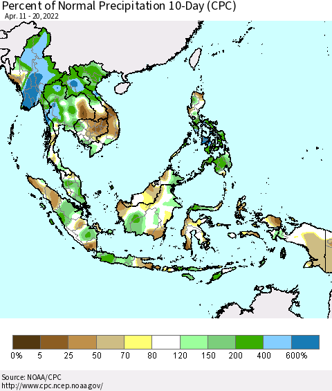 South East Asia Percent of Normal Precipitation 10-Day (CPC) Thematic Map For 4/11/2022 - 4/20/2022