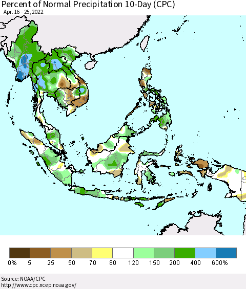 South East Asia Percent of Normal Precipitation 10-Day (CPC) Thematic Map For 4/16/2022 - 4/25/2022