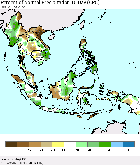 South East Asia Percent of Normal Precipitation 10-Day (CPC) Thematic Map For 4/21/2022 - 4/30/2022