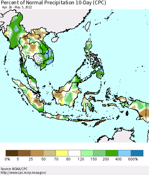 South East Asia Percent of Normal Precipitation 10-Day (CPC) Thematic Map For 4/26/2022 - 5/5/2022