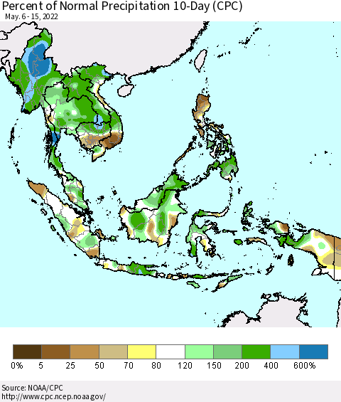 South East Asia Percent of Normal Precipitation 10-Day (CPC) Thematic Map For 5/6/2022 - 5/15/2022