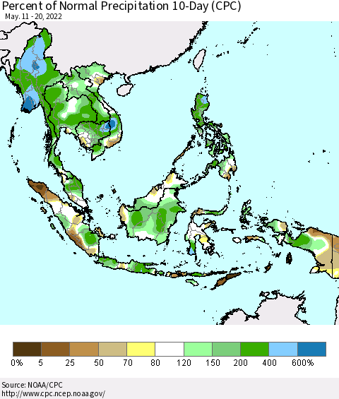 South East Asia Percent of Normal Precipitation 10-Day (CPC) Thematic Map For 5/11/2022 - 5/20/2022