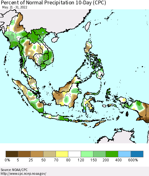 South East Asia Percent of Normal Precipitation 10-Day (CPC) Thematic Map For 5/21/2022 - 5/31/2022