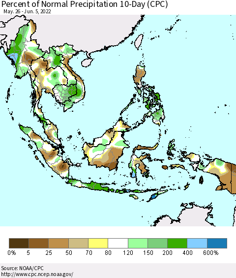 South East Asia Percent of Normal Precipitation 10-Day (CPC) Thematic Map For 5/26/2022 - 6/5/2022