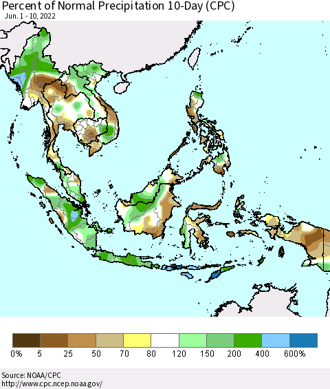 South East Asia Percent of Normal Precipitation 10-Day (CPC) Thematic Map For 6/1/2022 - 6/10/2022