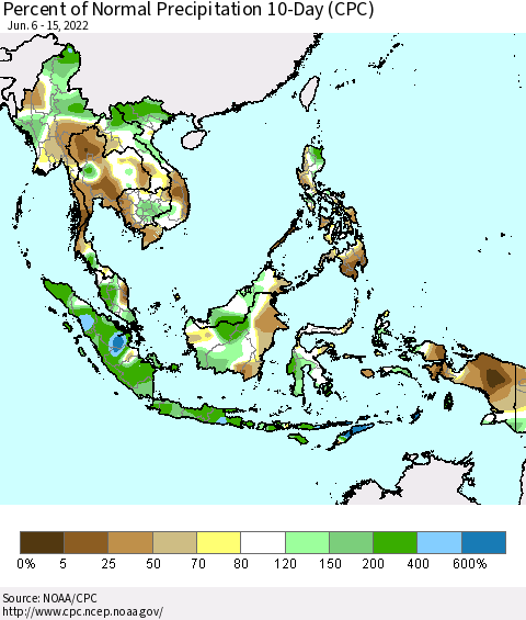 South East Asia Percent of Normal Precipitation 10-Day (CPC) Thematic Map For 6/6/2022 - 6/15/2022