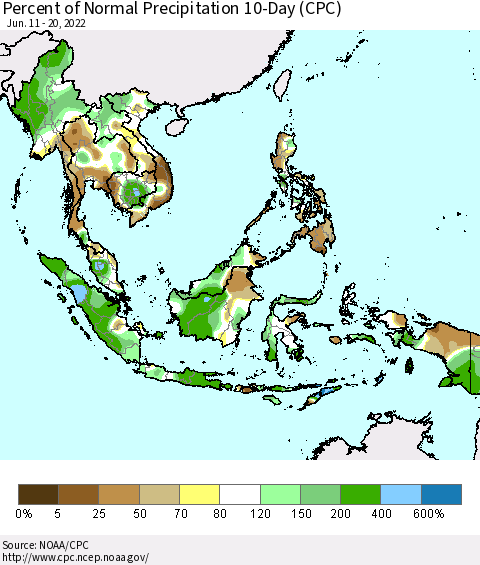 South East Asia Percent of Normal Precipitation 10-Day (CPC) Thematic Map For 6/11/2022 - 6/20/2022