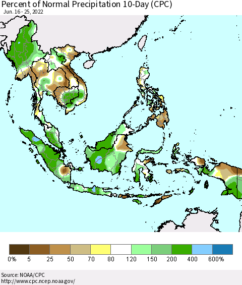 South East Asia Percent of Normal Precipitation 10-Day (CPC) Thematic Map For 6/16/2022 - 6/25/2022
