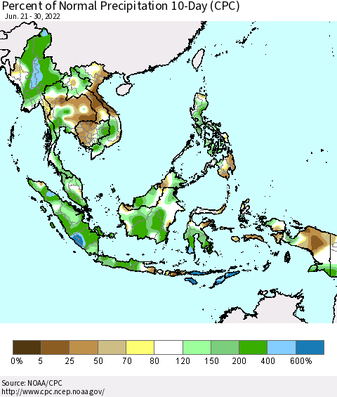 South East Asia Percent of Normal Precipitation 10-Day (CPC) Thematic Map For 6/21/2022 - 6/30/2022