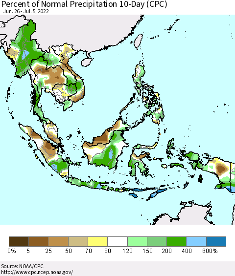 South East Asia Percent of Normal Precipitation 10-Day (CPC) Thematic Map For 6/26/2022 - 7/5/2022