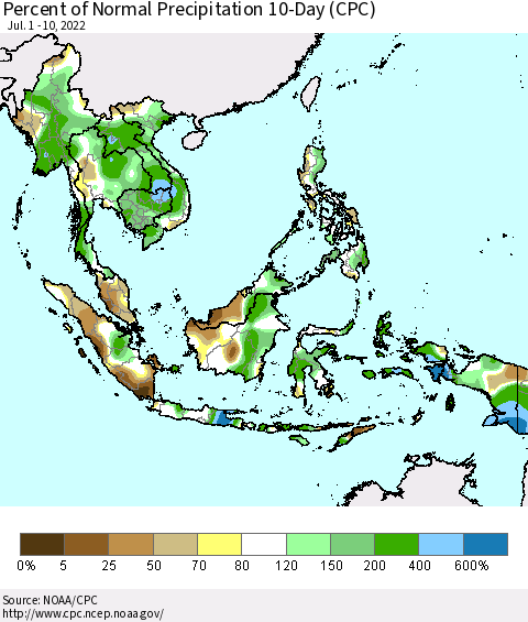 South East Asia Percent of Normal Precipitation 10-Day (CPC) Thematic Map For 7/1/2022 - 7/10/2022