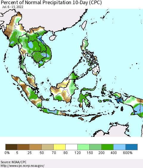 South East Asia Percent of Normal Precipitation 10-Day (CPC) Thematic Map For 7/6/2022 - 7/15/2022