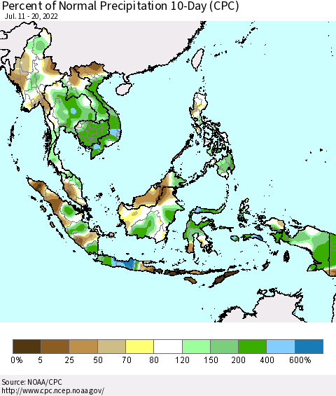 South East Asia Percent of Normal Precipitation 10-Day (CPC) Thematic Map For 7/11/2022 - 7/20/2022