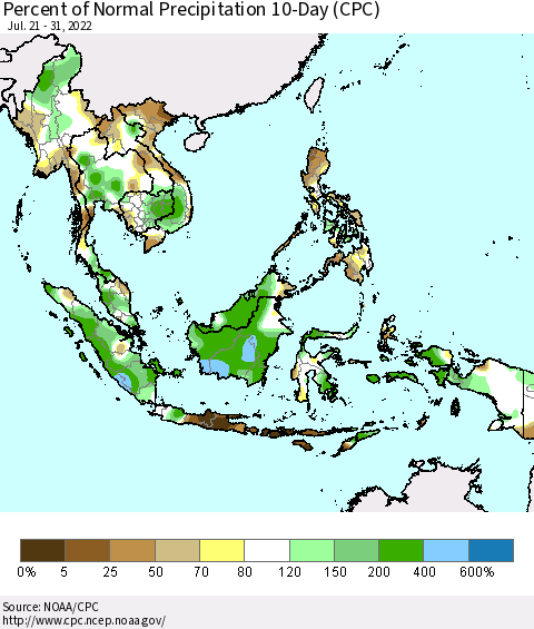 South East Asia Percent of Normal Precipitation 10-Day (CPC) Thematic Map For 7/21/2022 - 7/31/2022