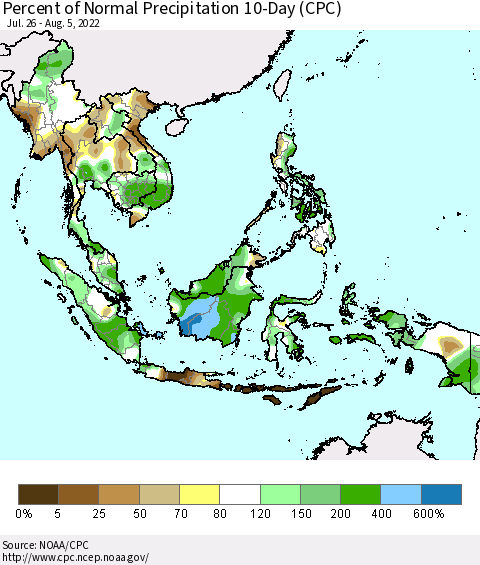 South East Asia Percent of Normal Precipitation 10-Day (CPC) Thematic Map For 7/26/2022 - 8/5/2022