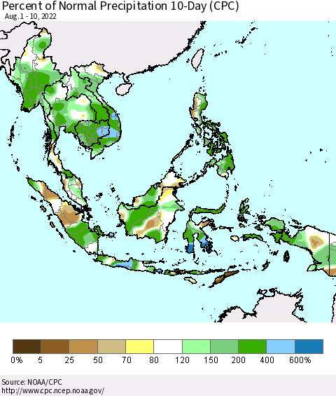 South East Asia Percent of Normal Precipitation 10-Day (CPC) Thematic Map For 8/1/2022 - 8/10/2022