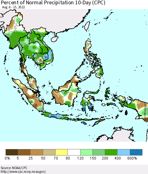 South East Asia Percent of Normal Precipitation 10-Day (CPC) Thematic Map For 8/6/2022 - 8/15/2022