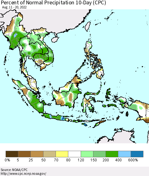 South East Asia Percent of Normal Precipitation 10-Day (CPC) Thematic Map For 8/11/2022 - 8/20/2022