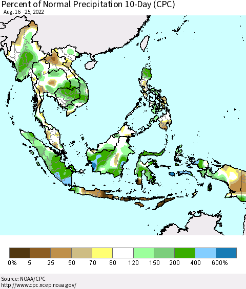 South East Asia Percent of Normal Precipitation 10-Day (CPC) Thematic Map For 8/16/2022 - 8/25/2022