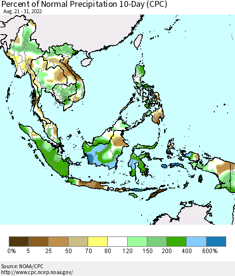 South East Asia Percent of Normal Precipitation 10-Day (CPC) Thematic Map For 8/21/2022 - 8/31/2022