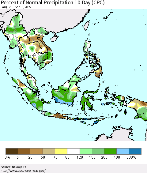 South East Asia Percent of Normal Precipitation 10-Day (CPC) Thematic Map For 8/26/2022 - 9/5/2022
