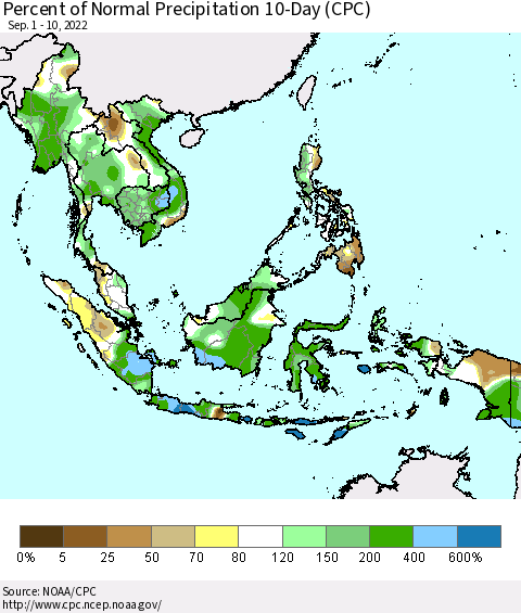 South East Asia Percent of Normal Precipitation 10-Day (CPC) Thematic Map For 9/1/2022 - 9/10/2022