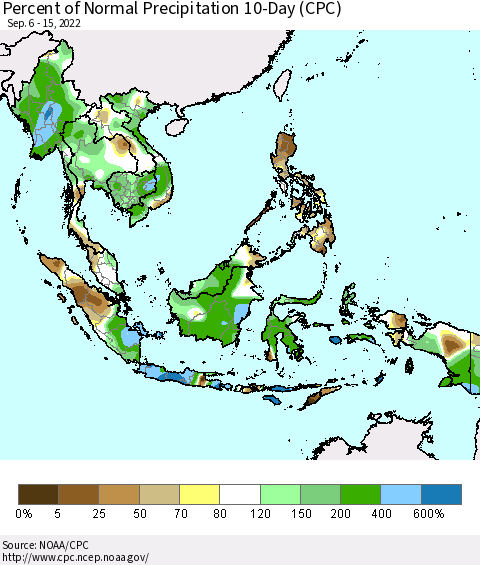 South East Asia Percent of Normal Precipitation 10-Day (CPC) Thematic Map For 9/6/2022 - 9/15/2022