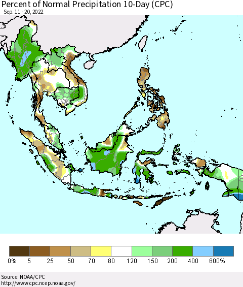 South East Asia Percent of Normal Precipitation 10-Day (CPC) Thematic Map For 9/11/2022 - 9/20/2022