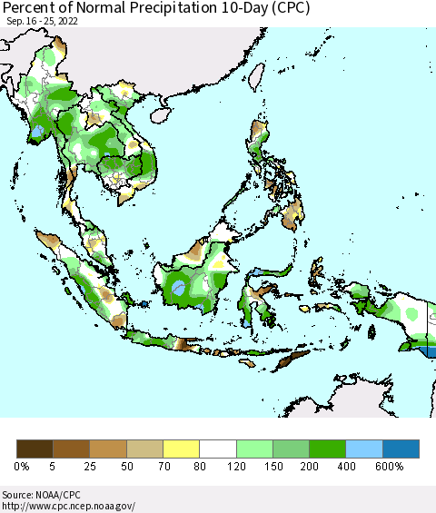 South East Asia Percent of Normal Precipitation 10-Day (CPC) Thematic Map For 9/16/2022 - 9/25/2022