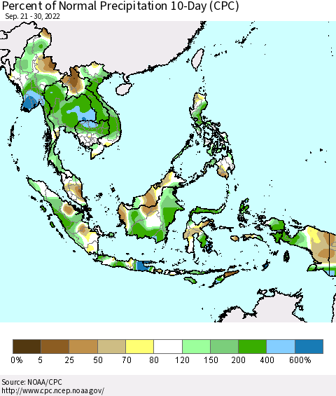 South East Asia Percent of Normal Precipitation 10-Day (CPC) Thematic Map For 9/21/2022 - 9/30/2022