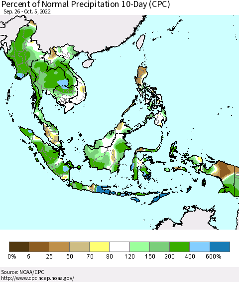 South East Asia Percent of Normal Precipitation 10-Day (CPC) Thematic Map For 9/26/2022 - 10/5/2022