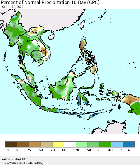 South East Asia Percent of Normal Precipitation 10-Day (CPC) Thematic Map For 10/1/2022 - 10/10/2022