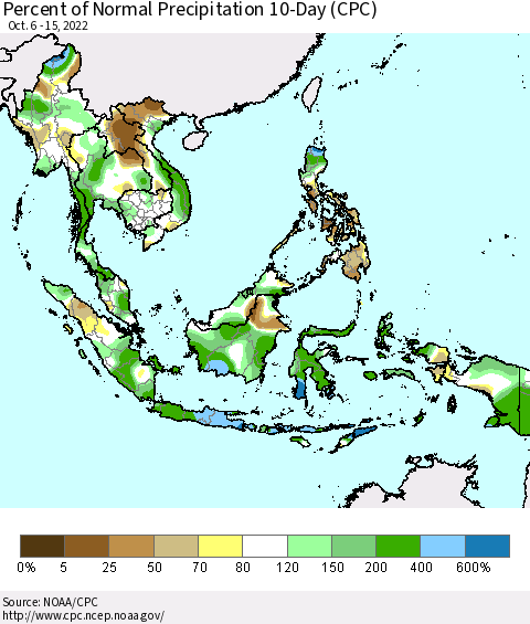 South East Asia Percent of Normal Precipitation 10-Day (CPC) Thematic Map For 10/6/2022 - 10/15/2022
