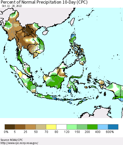 South East Asia Percent of Normal Precipitation 10-Day (CPC) Thematic Map For 10/11/2022 - 10/20/2022