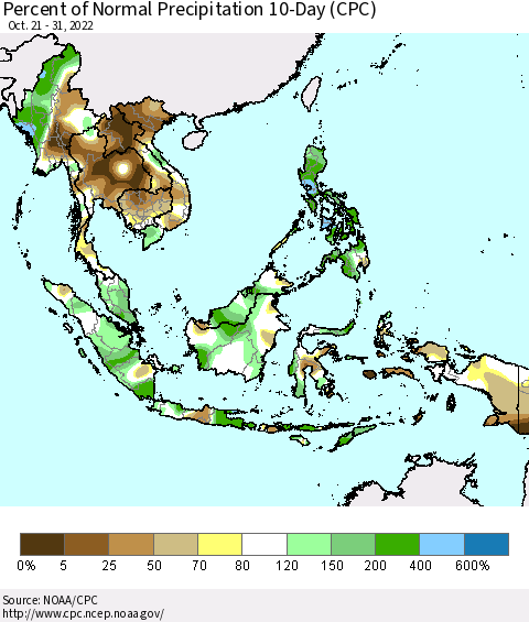 South East Asia Percent of Normal Precipitation 10-Day (CPC) Thematic Map For 10/21/2022 - 10/31/2022