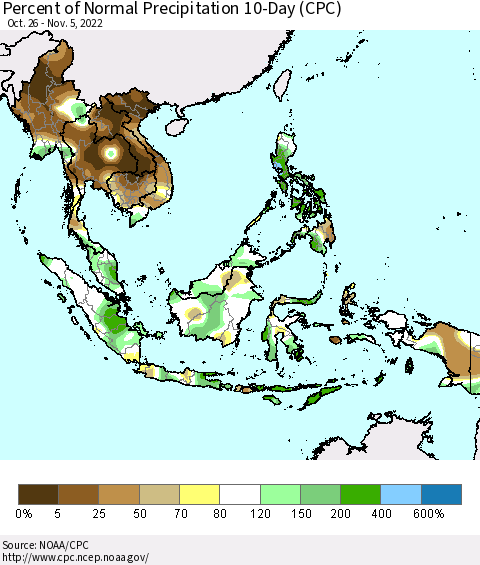 South East Asia Percent of Normal Precipitation 10-Day (CPC) Thematic Map For 10/26/2022 - 11/5/2022