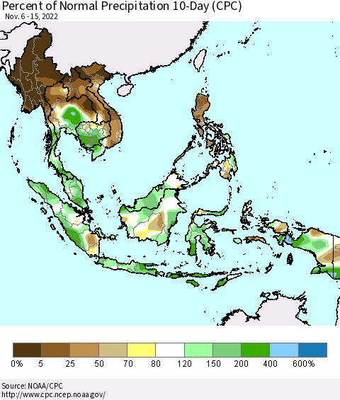 South East Asia Percent of Normal Precipitation 10-Day (CPC) Thematic Map For 11/6/2022 - 11/15/2022