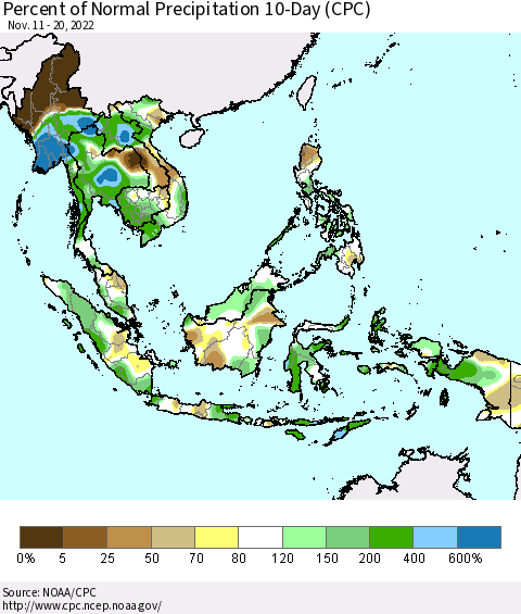 South East Asia Percent of Normal Precipitation 10-Day (CPC) Thematic Map For 11/11/2022 - 11/20/2022