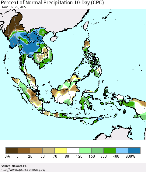 South East Asia Percent of Normal Precipitation 10-Day (CPC) Thematic Map For 11/16/2022 - 11/25/2022