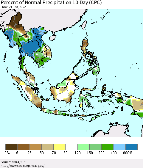 South East Asia Percent of Normal Precipitation 10-Day (CPC) Thematic Map For 11/21/2022 - 11/30/2022